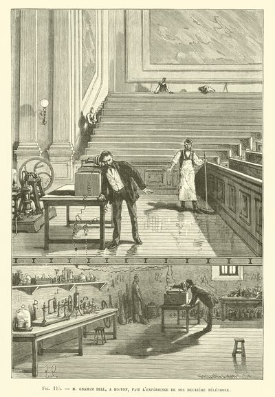 Pan Graham Bell z Bostonu korzysta ze swojego drugiego telefonu autorstwa French School